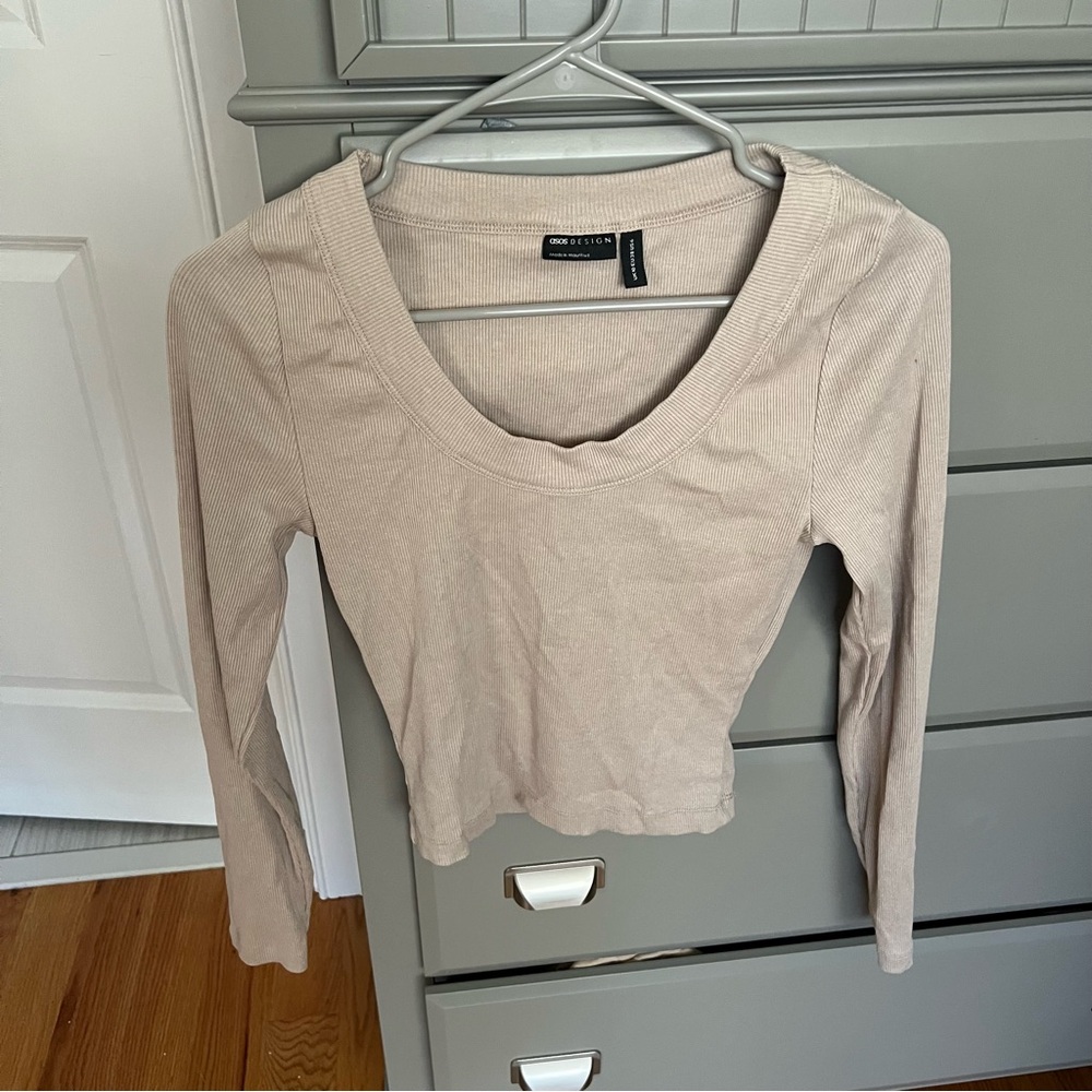 ASOS Beige RibbedLong Sleeve Crop Top